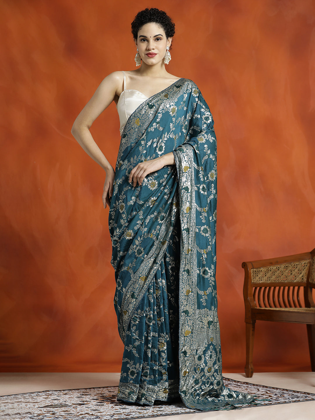 Teal Heavy Banarasi Zari Woven Teal Silk Blend Saree