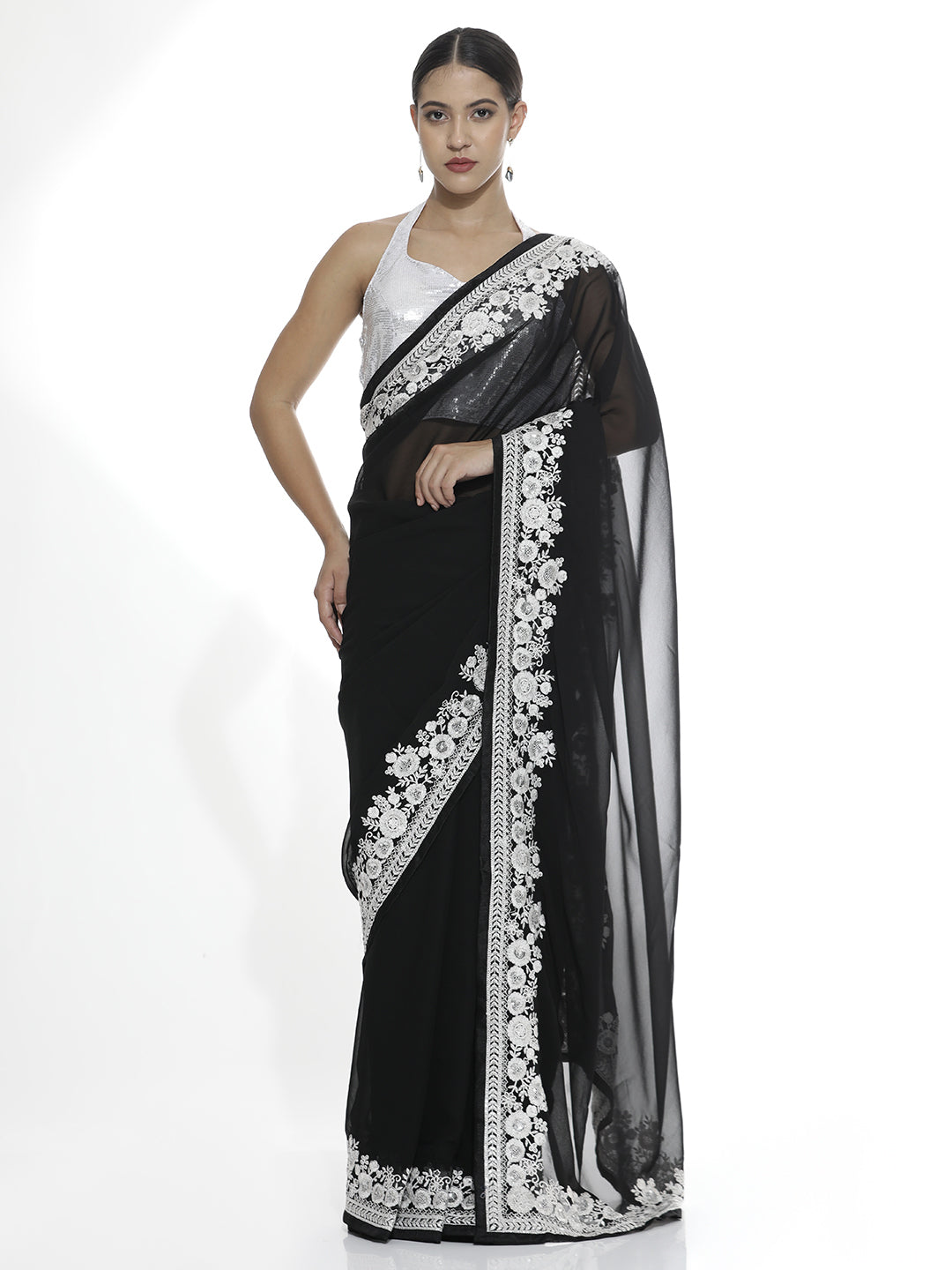 Pure Georgette Embroidered Black Saree