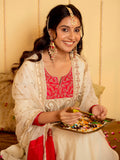 Cream & Fuchsia Zardozi Embroidered Festive Kurta Set With Dupatta