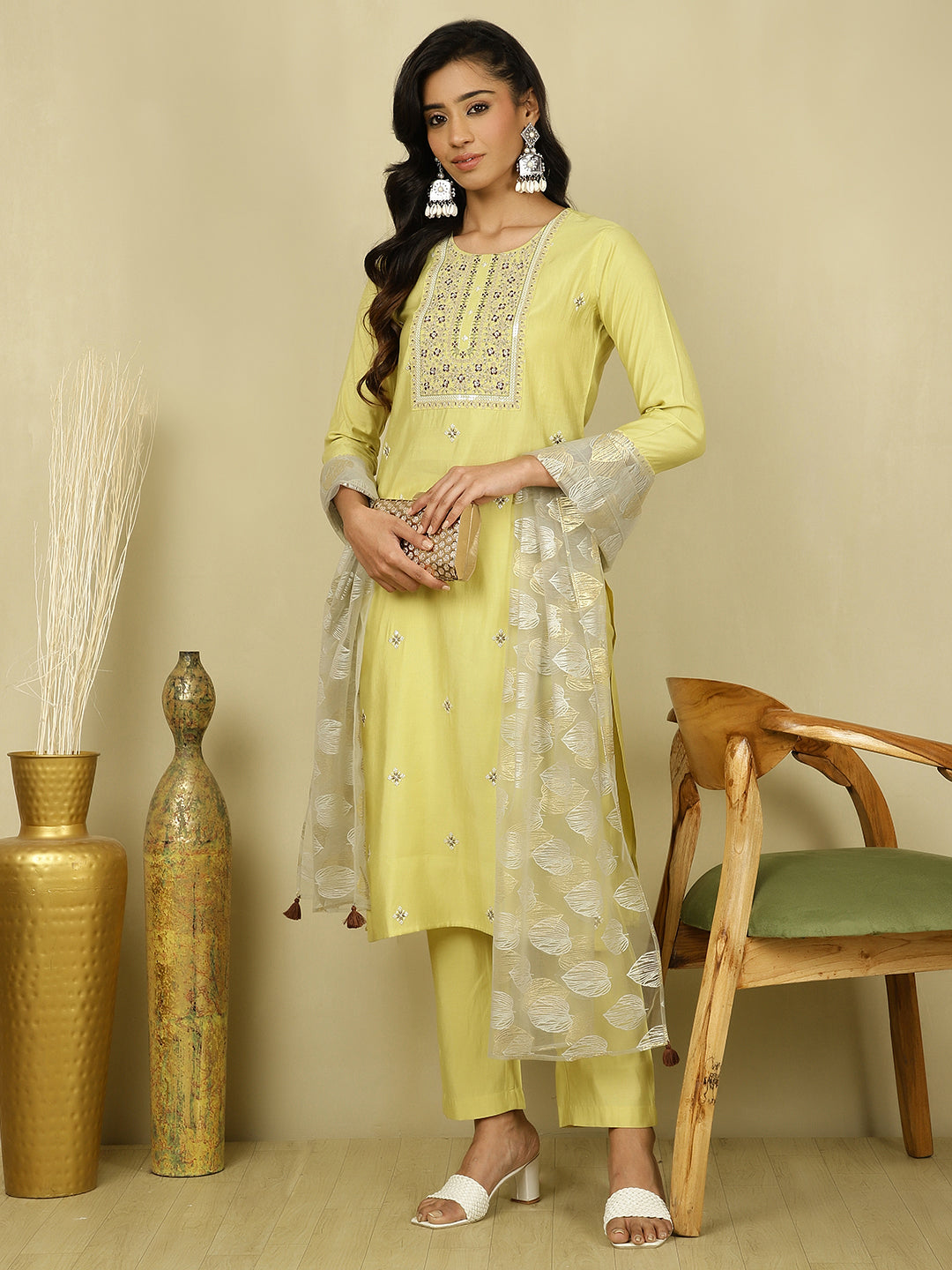 Lime Green Embroidered Festive Suit Set