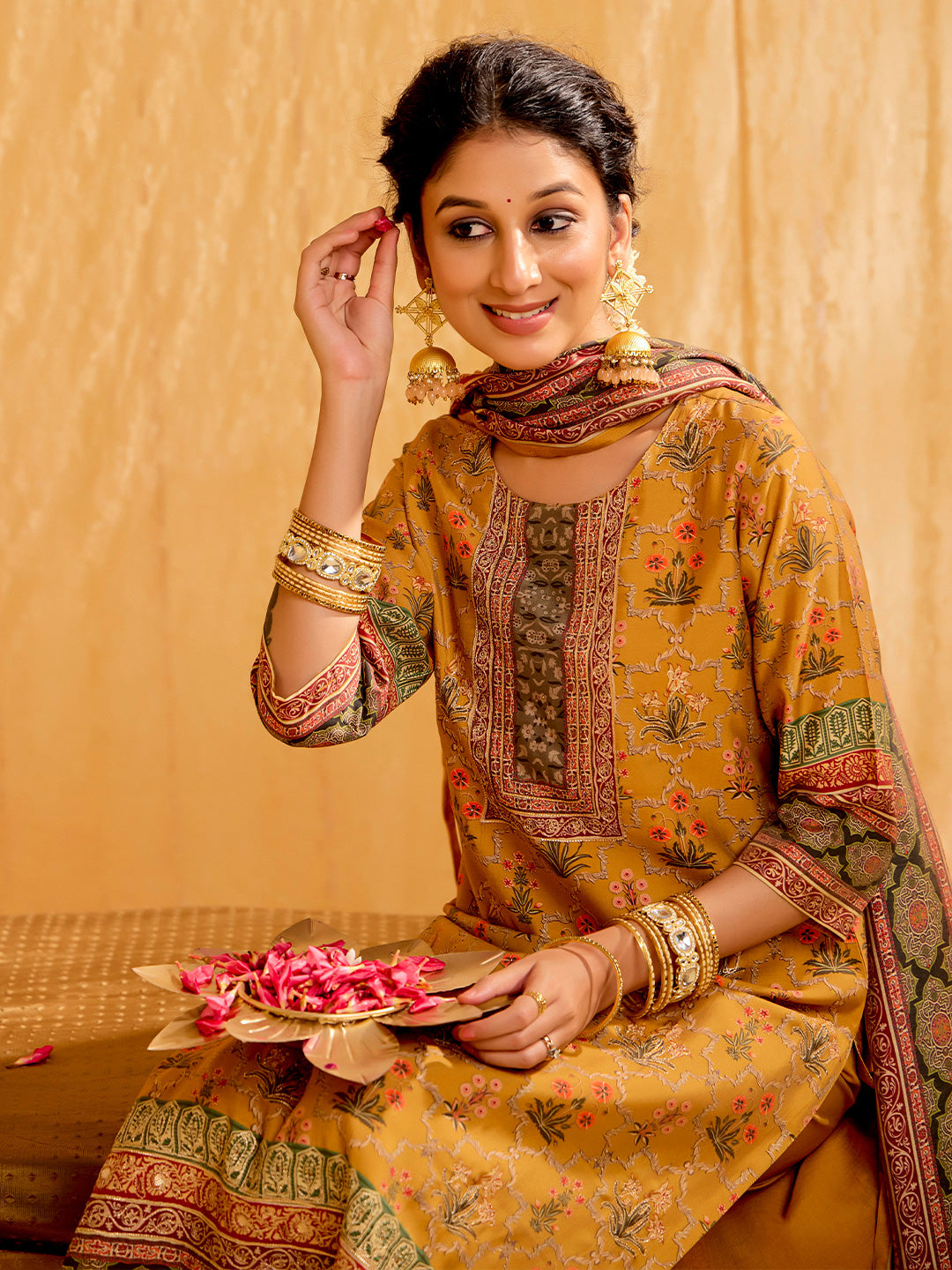 Mustard Embellished Ethnic Printed Festive  Kurta Set With Dupatta