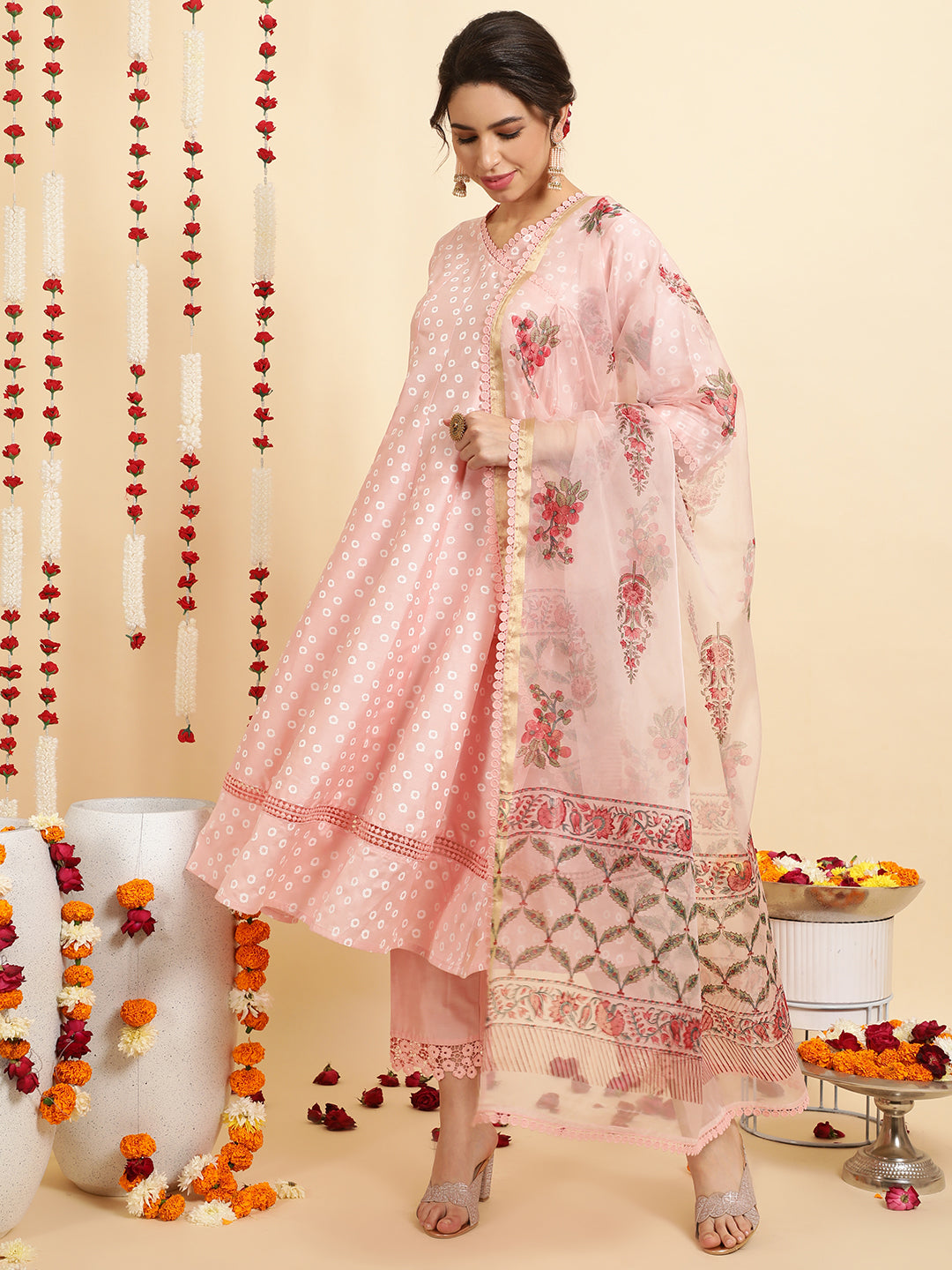 Festive Printed Anarkali Kurta Set With Handblock Dupatta