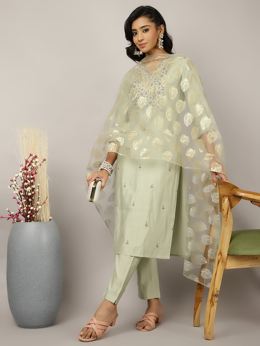 Mint Green Silk Blend Embroidered Suit Set