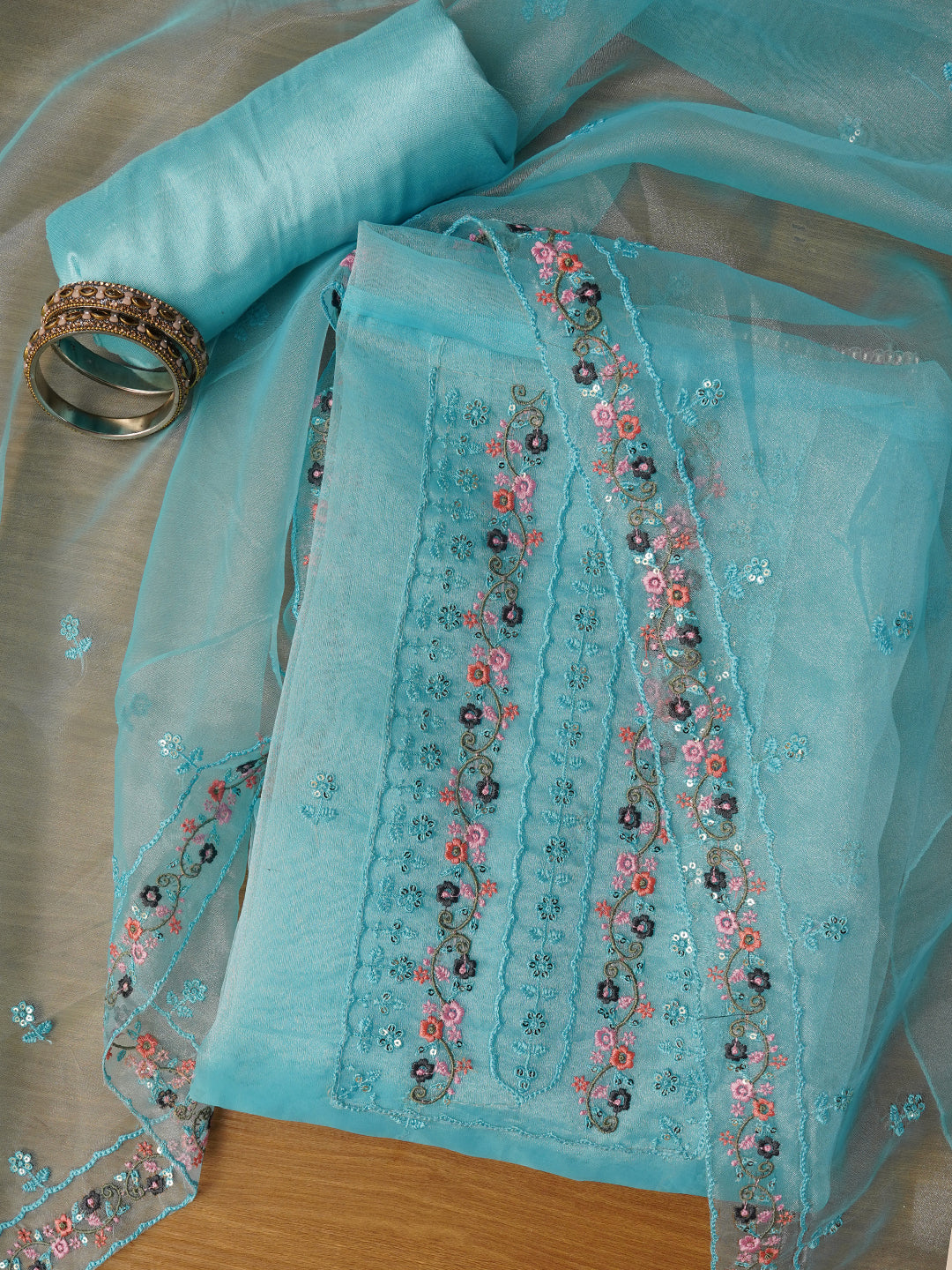 Unstitched Embroidered Sky Blue Organza Dress Material With Dupatta