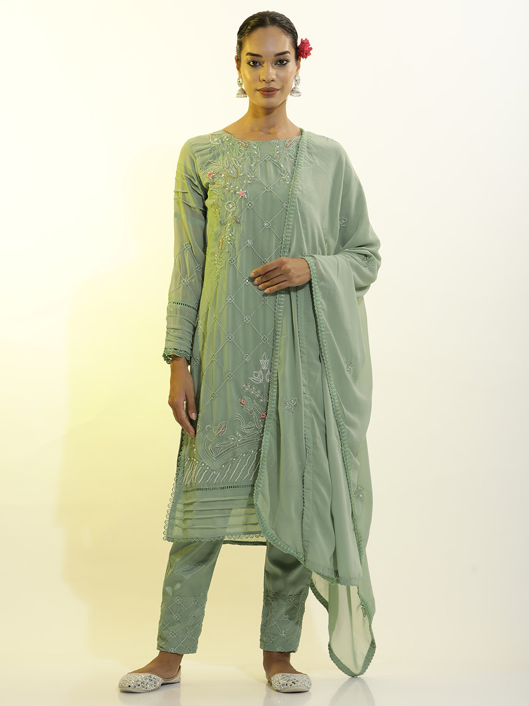 Festive Embroidered Georgette Kurta Set With Dupatta