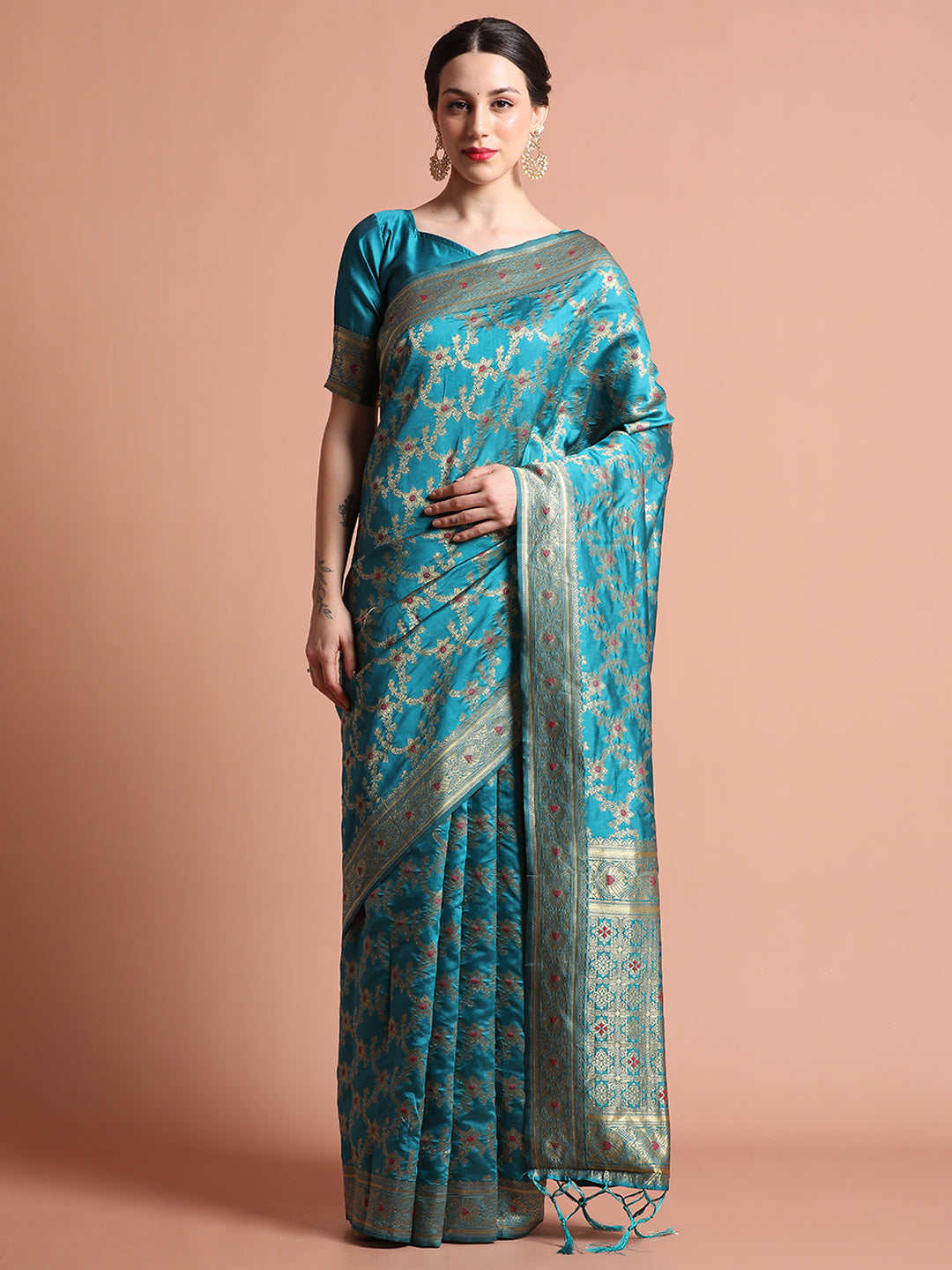 Teal Banarasi Zari Woven Silk Blend Saree