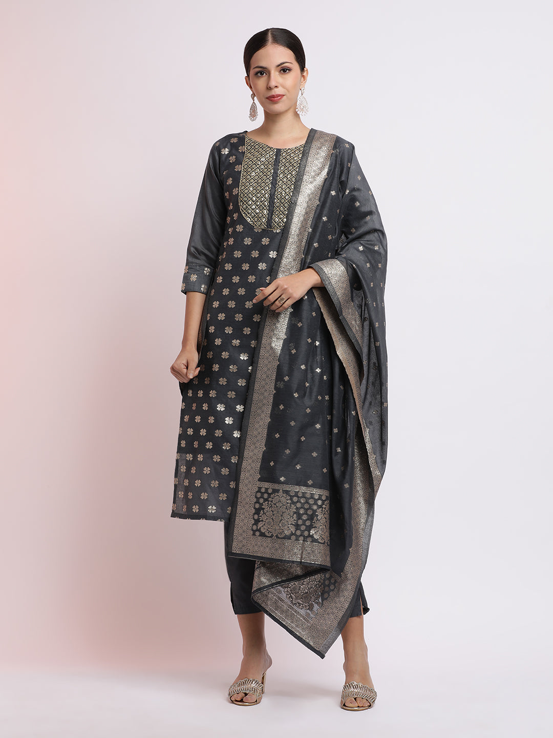 Embellished Chanderi Silk Kurta Set With Jacquard Dupatta