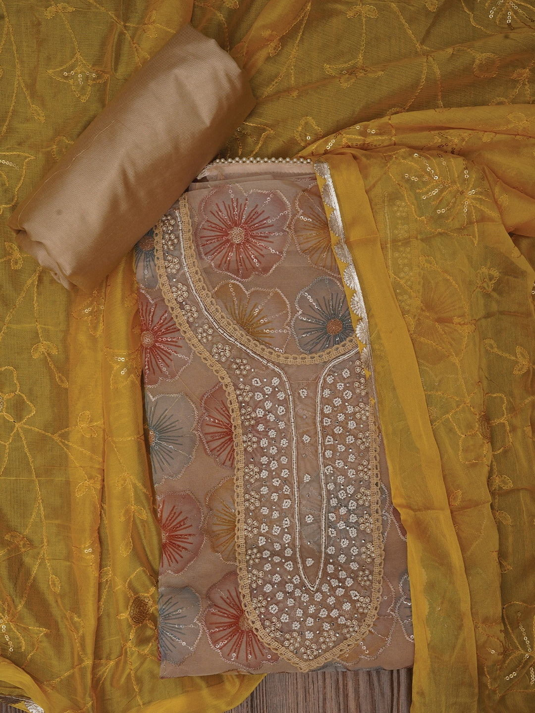 Beige Floral Sequin Embroidered Organza Dress Material with Dupatta