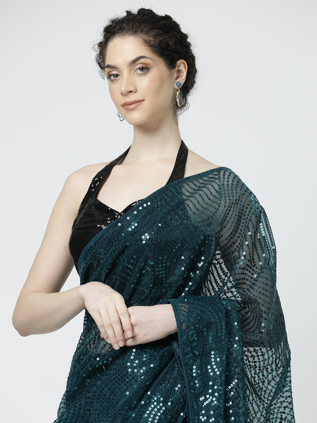 Teal Sequin Embellished Georgette Saree