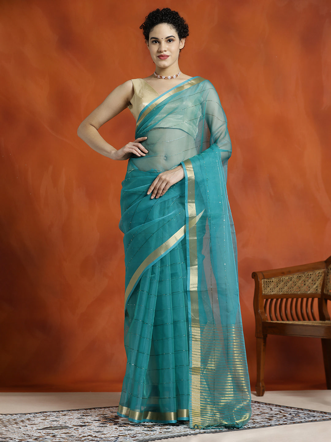 Teal Sequin Embellished Banarasi Organza Saree