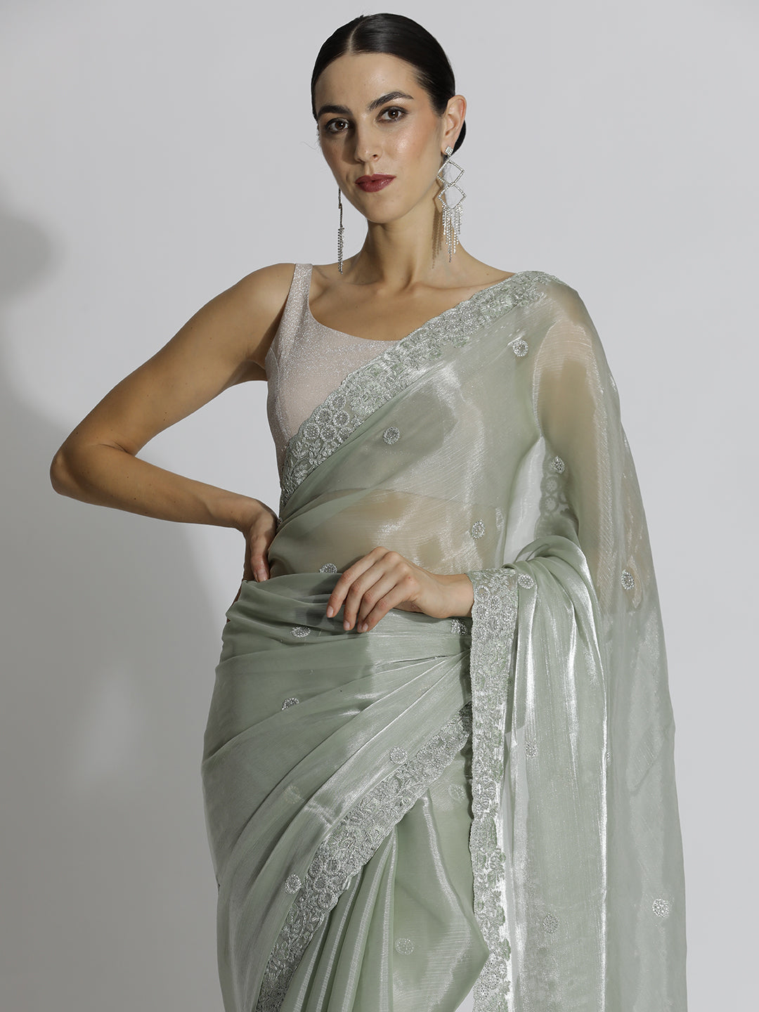 Party Wear Embroidered Tissue Green Saree