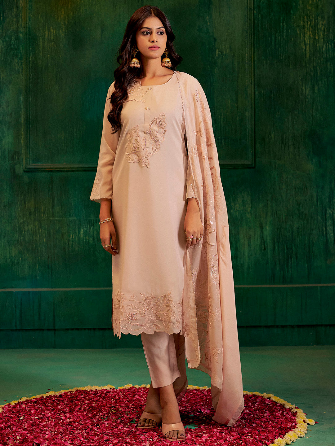 Beige Hand Embroidered Festive Kurta Set With Dupatta