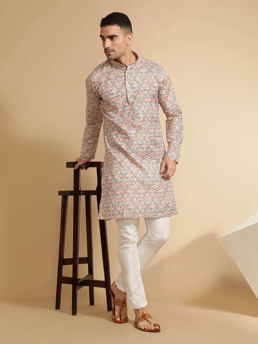 Geometric Printed Beige Cotton Kurta for Men