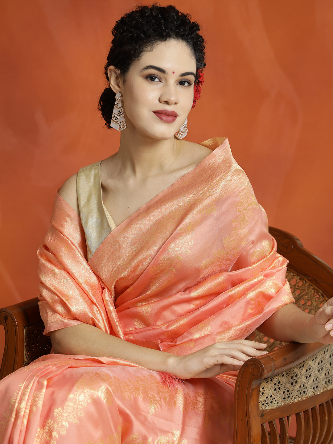 Peach Heavy Banarasi Zari Woven Silk Blend Saree