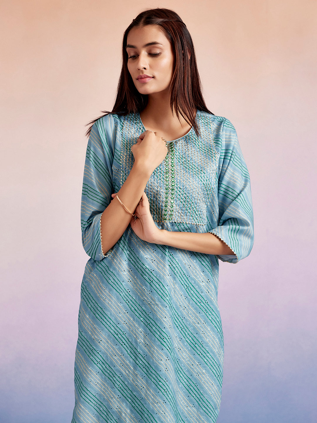 Leheriya Printed Schiffli Blue Straight Kurta