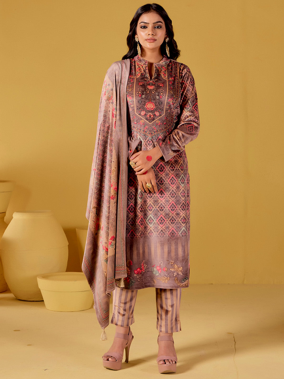 Beige Embellished Velvet Printed Kurta Set With Dupatta