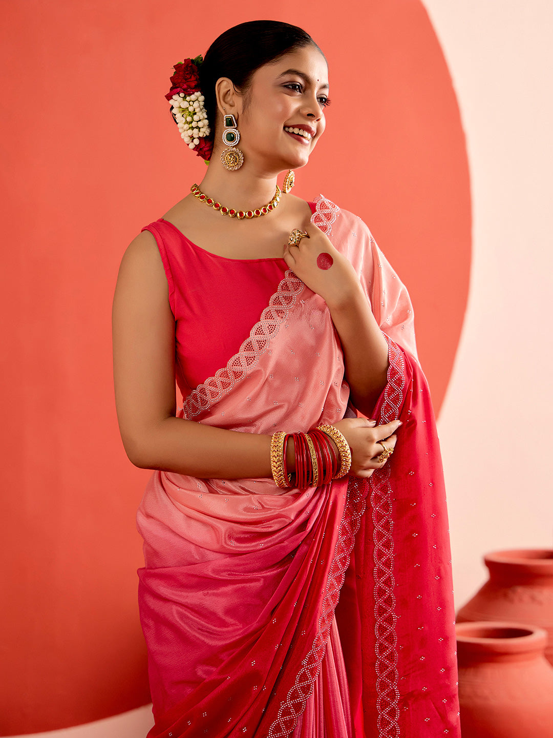 Satin Siroski Work Party Wear Pink Saree