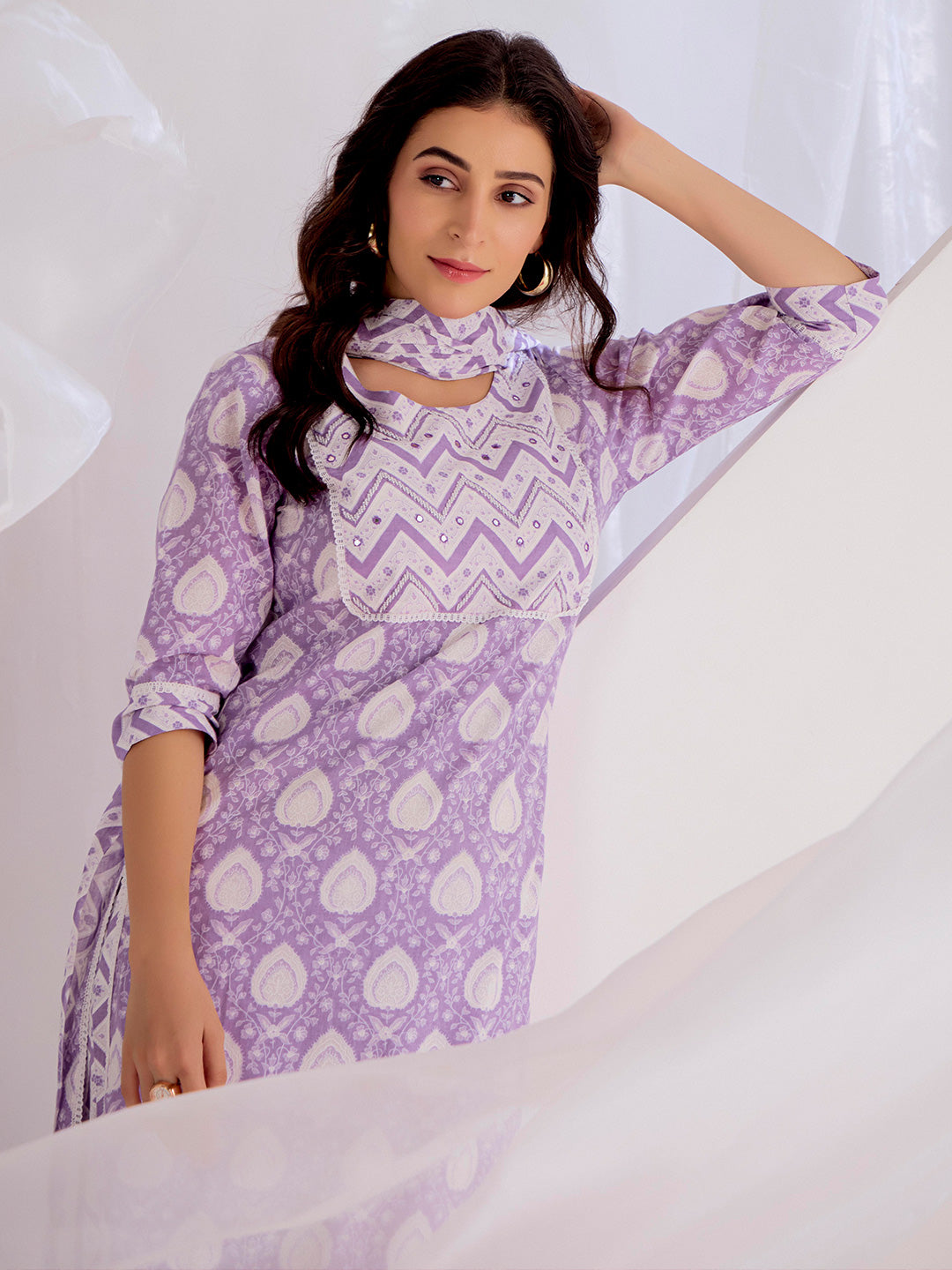 Lavender Ethnic Printed Cotton Kurta Set With Dupatta