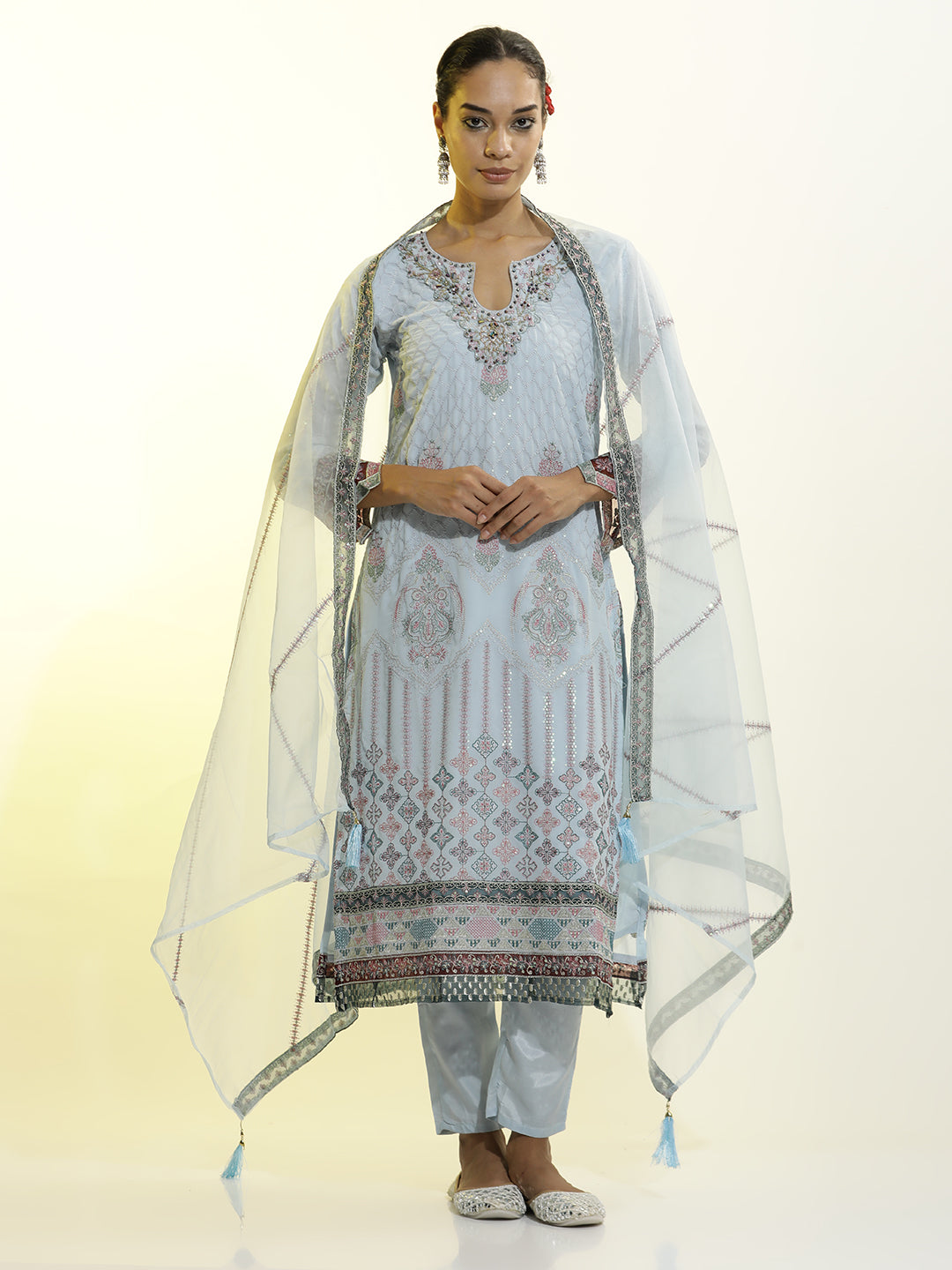 Festive Embroidered Georgette Party Wear Kurta Set With Dupatta