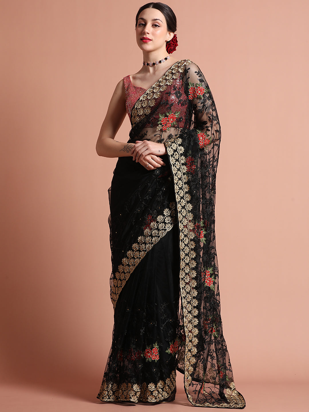 Black Floral Embroidered Net Party Wear Saree