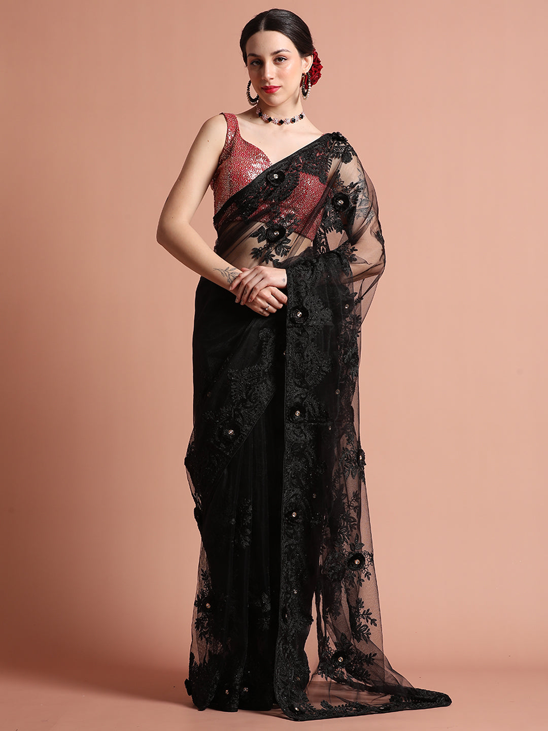 Embroidered Net Party Wear Black Saree