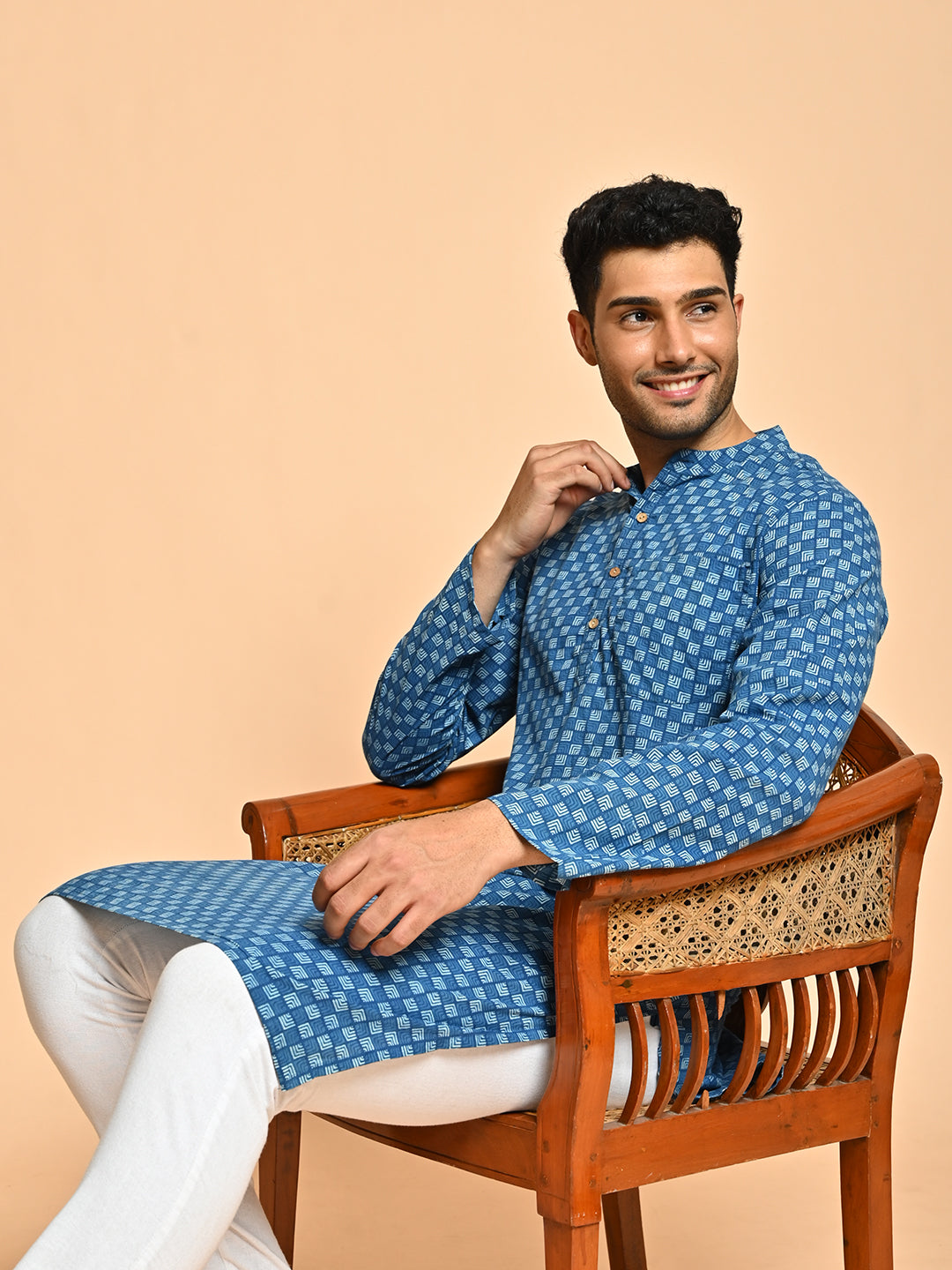 Ethnic Block Printed Cotton Blue Short Kurta