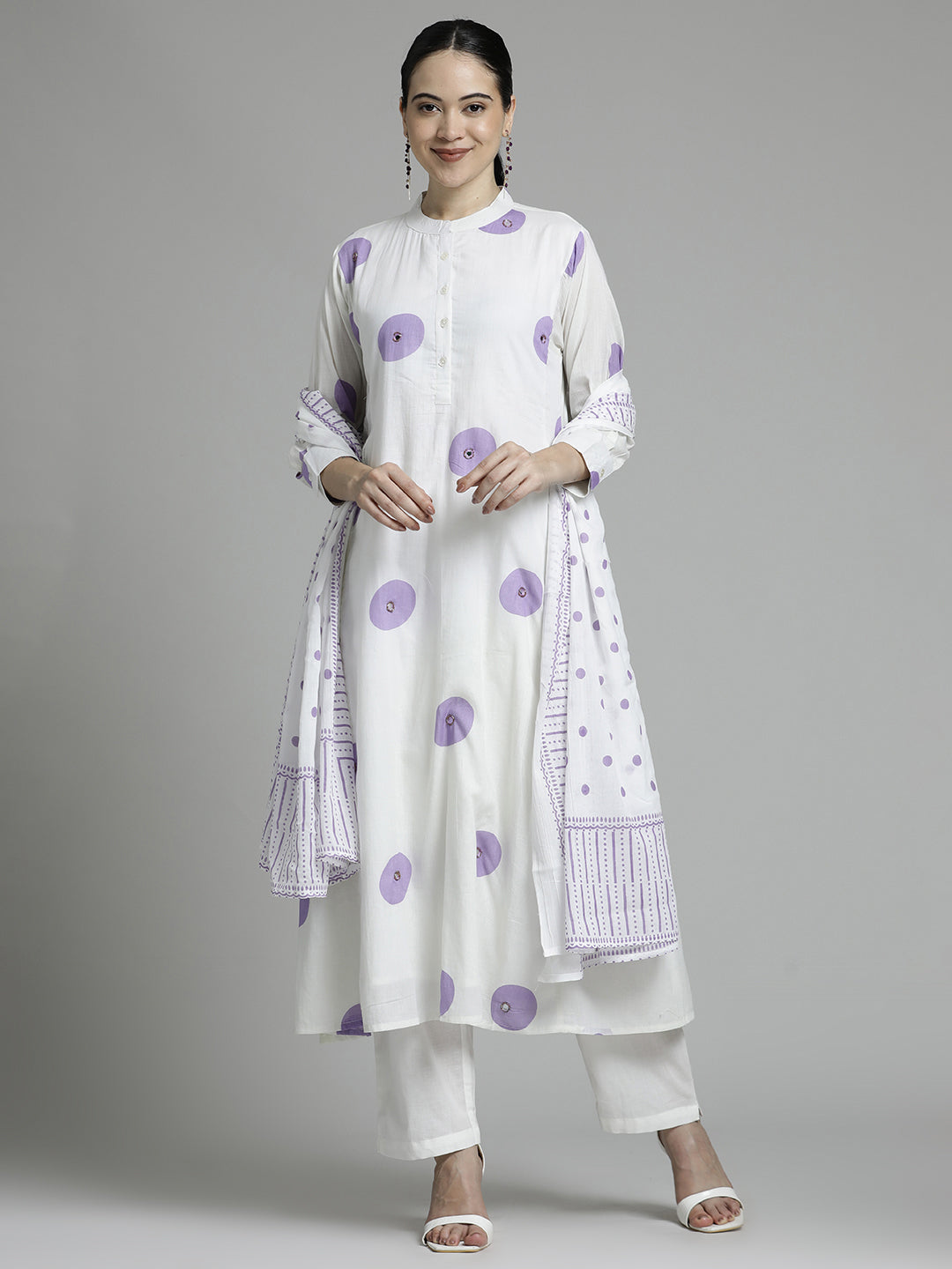 Printed Pure Cotton A-line White Suit Set