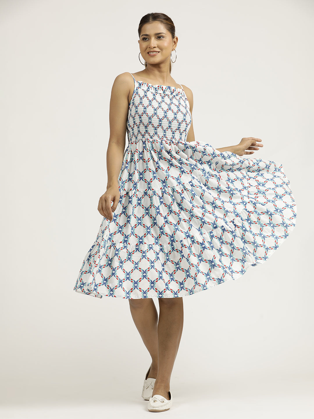 Blue Ikat Printed Tiered Cotton Strappy Dress