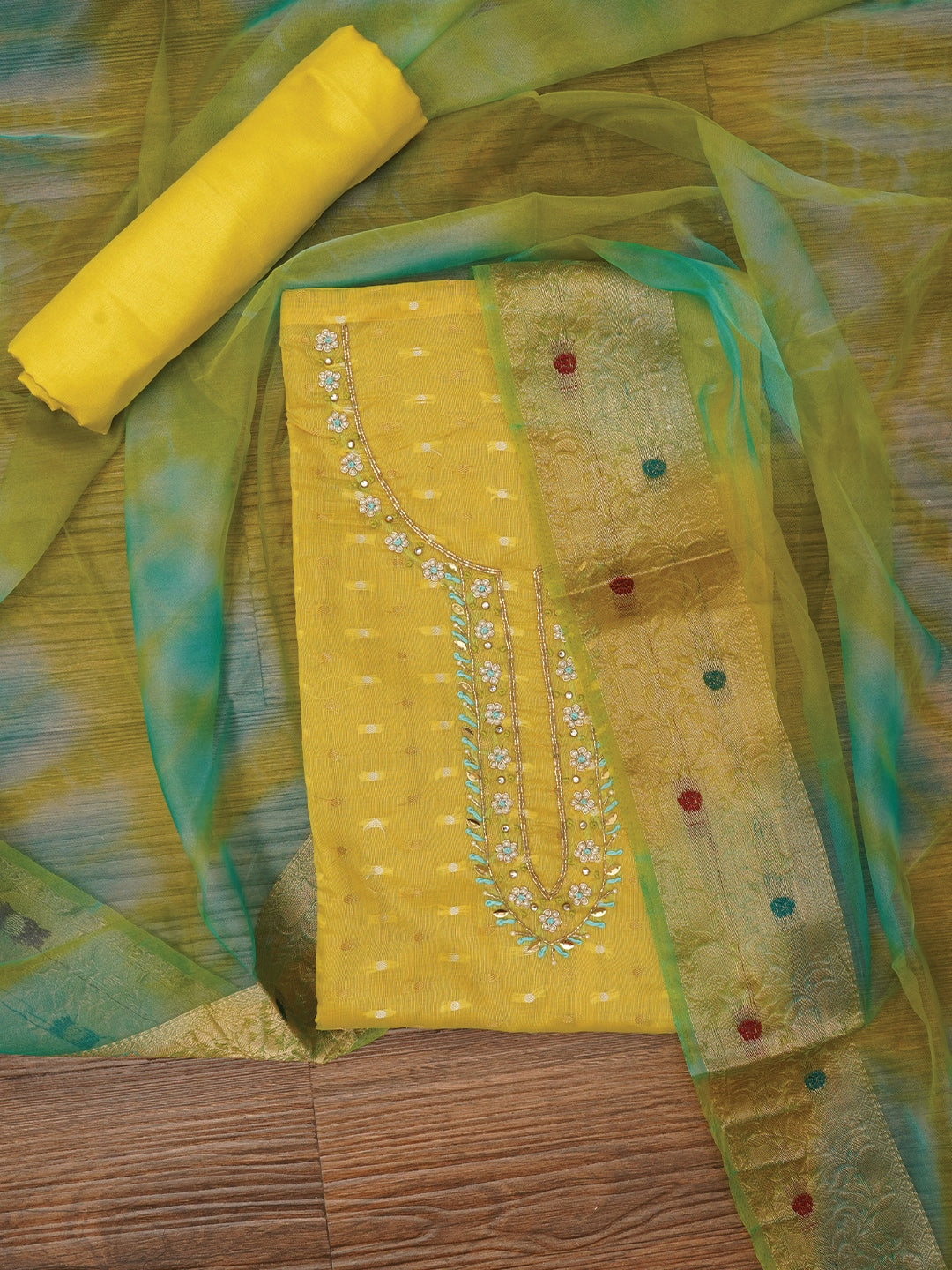 Green Cotton Blend Embellished Dress Material with Dupatta