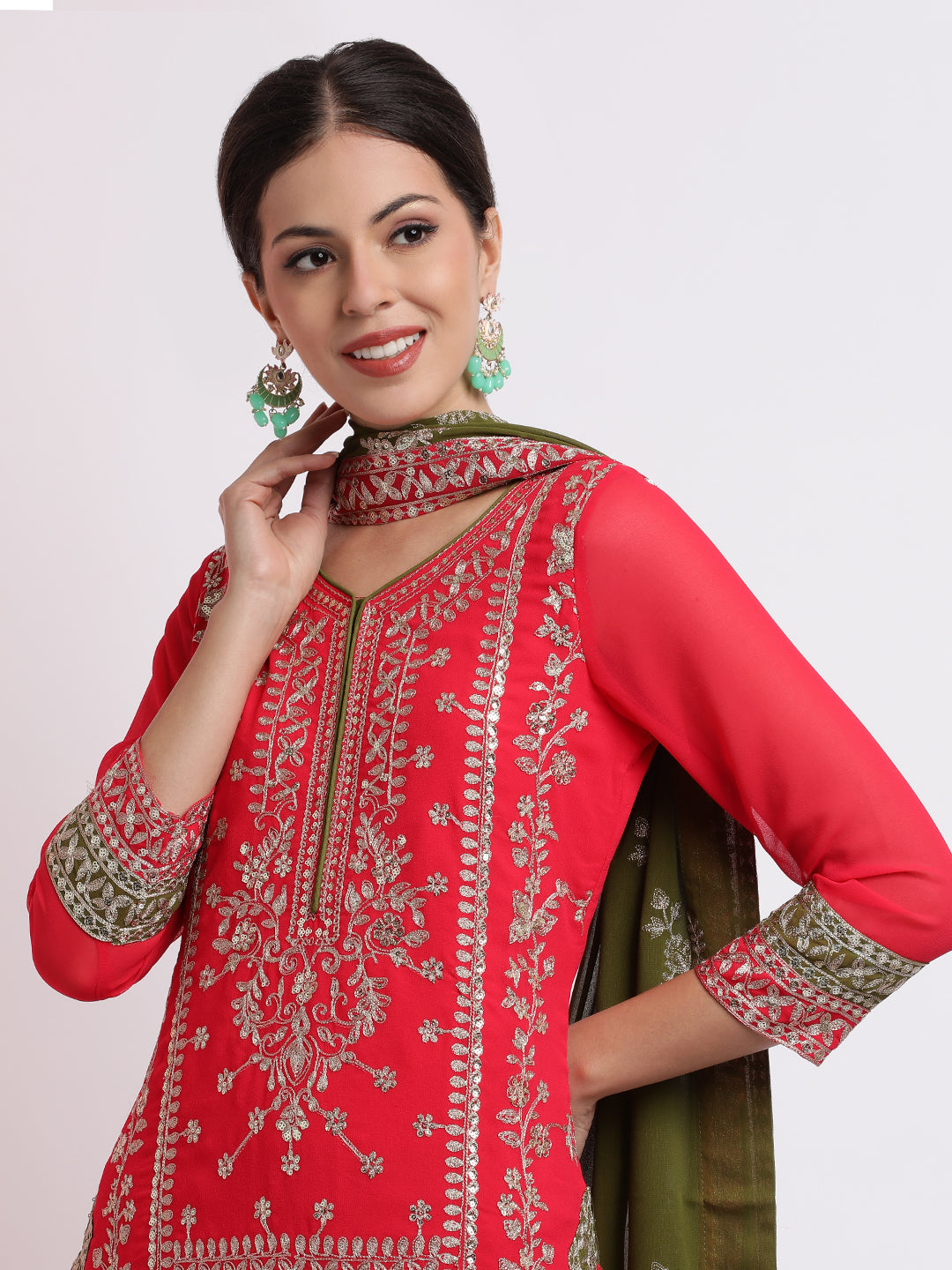 Magenta Zari Embroidered Georgette Kurta Set With Dupatta