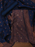 Navy Blue Floral Silk Zari Woven Dress Material with Dupatta