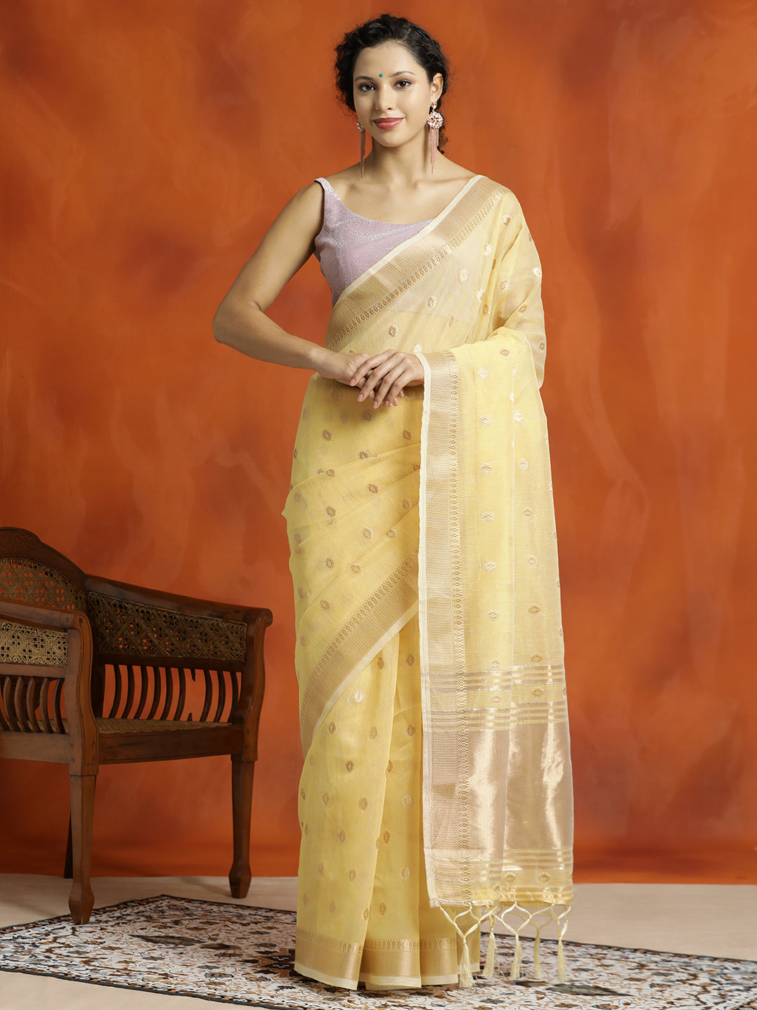 Yellow Zari Woven Design Banarasi Organza Saree