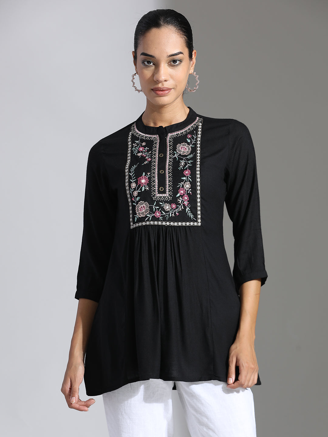 Black Embroidered Party Wear A-line Top