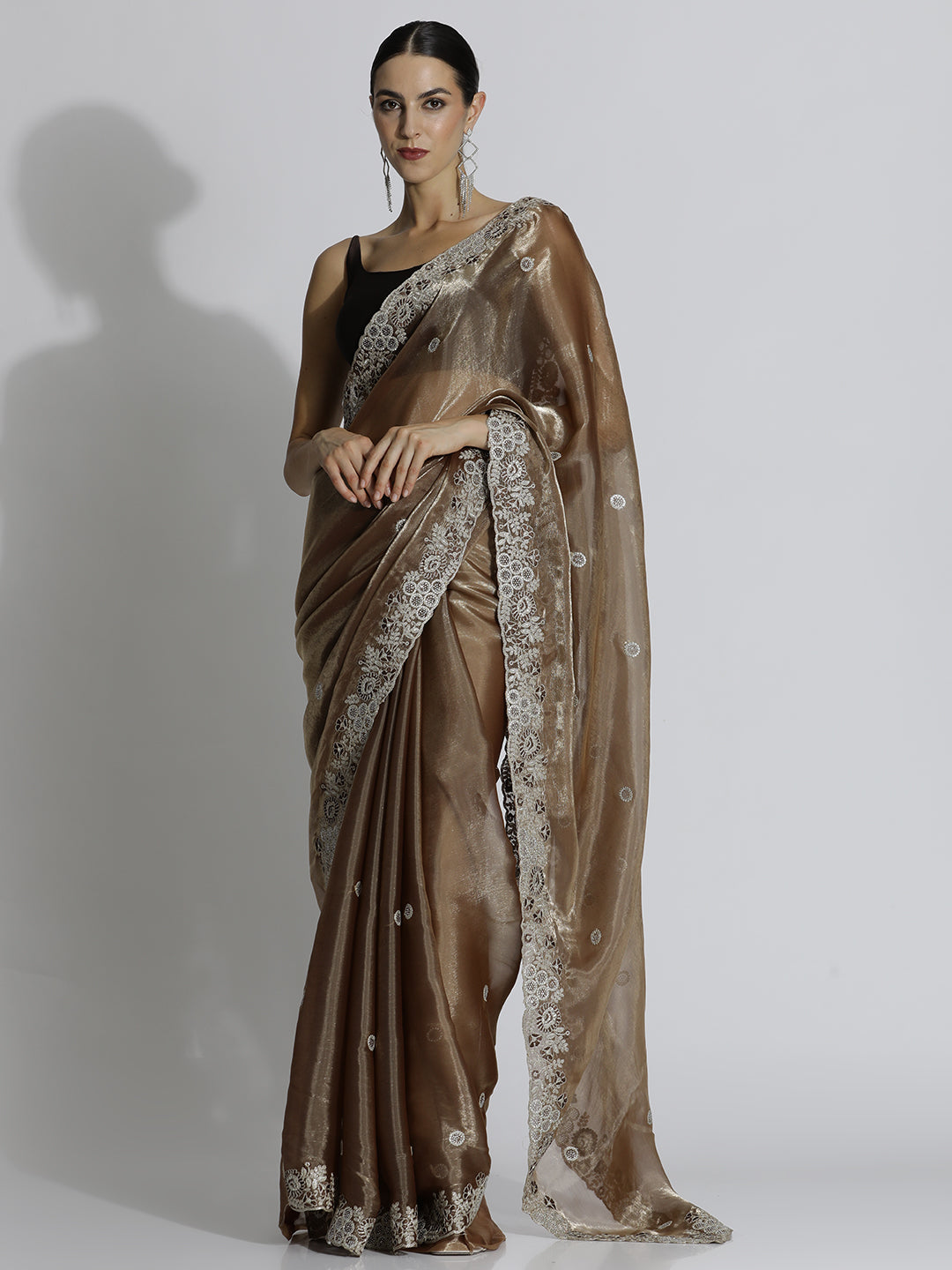 Party Wear Embroidered Tissue Brown Saree