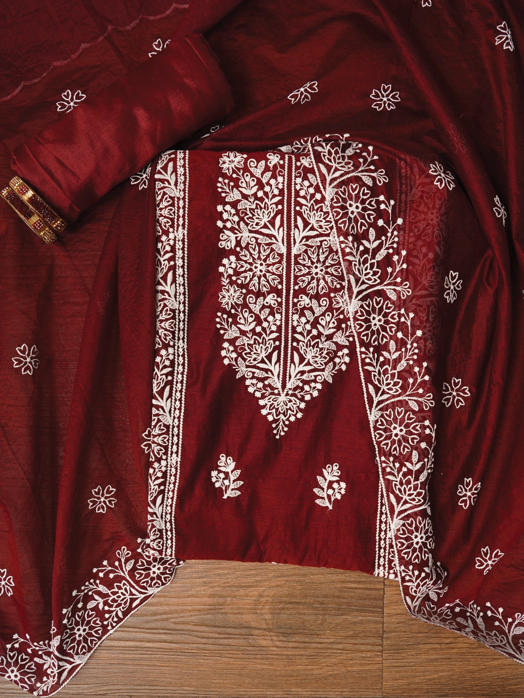 Maroon Zari Embroidered Organza Dress Material with Dupatta