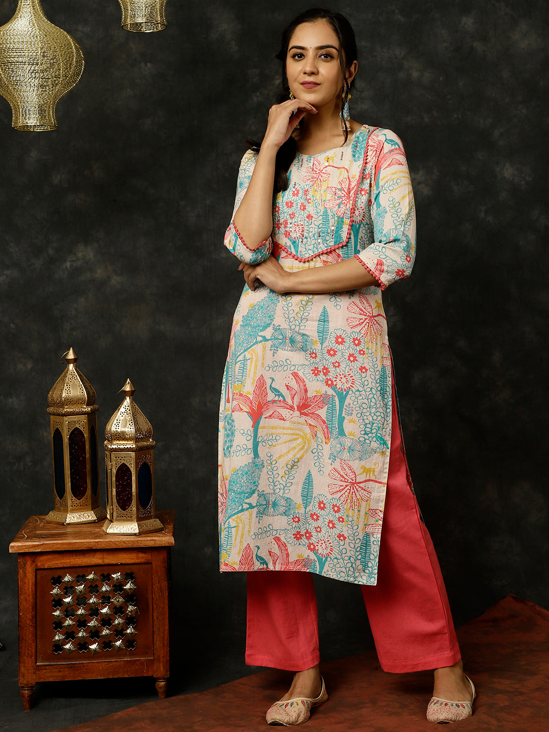 Coral Kantha Work Printed Straight Kurta With Palazzo