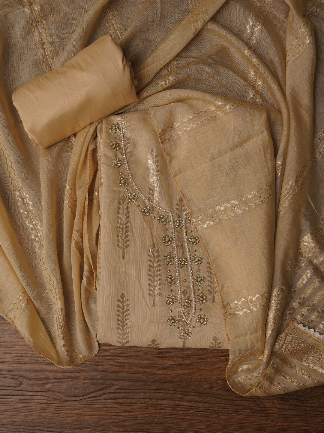 Beige Unstitched Zari Silk Blend Dress Material With Dupatta