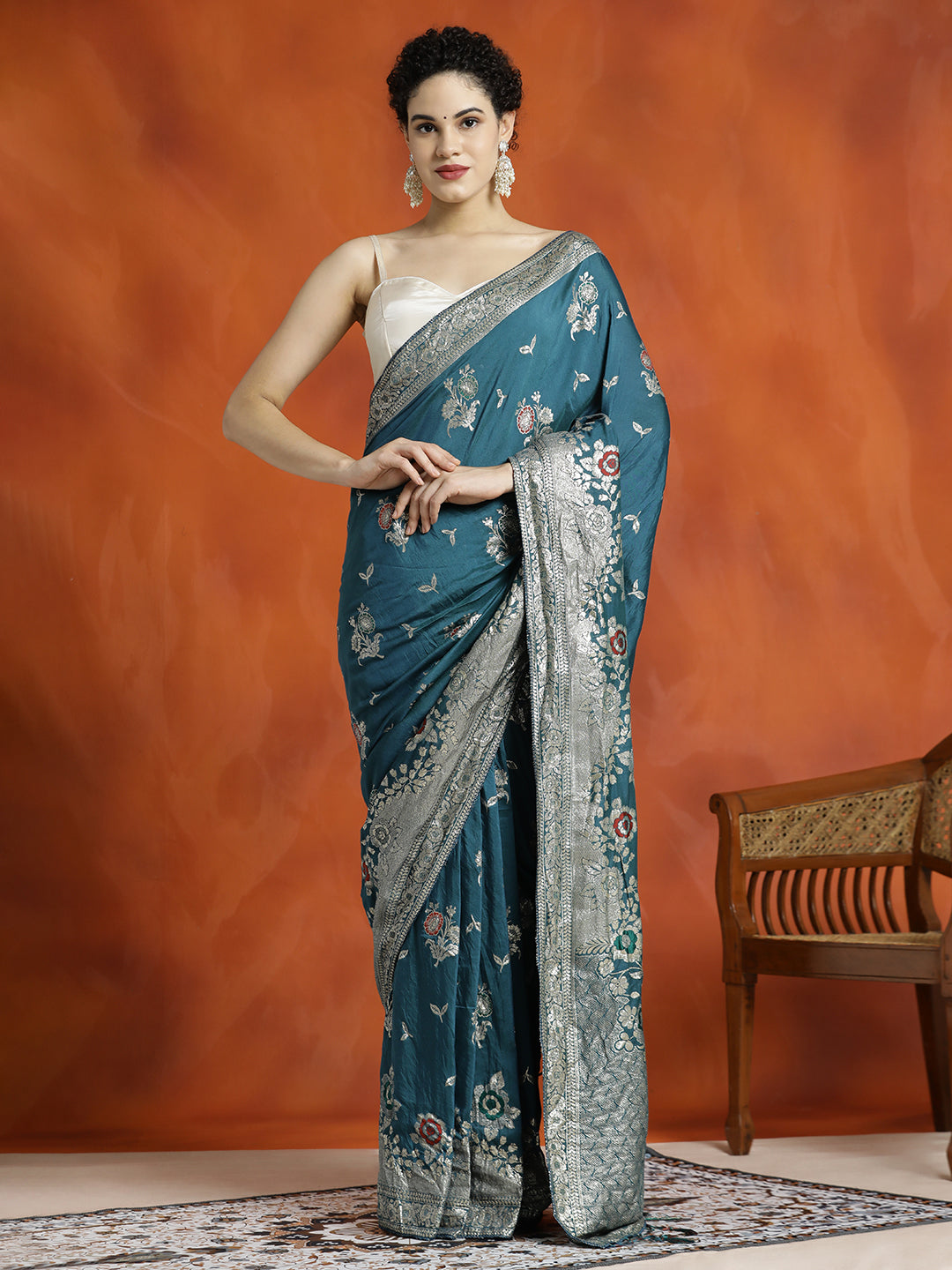 Teal Blue Heavy Banarasi Zari Woven Silk Blend Saree