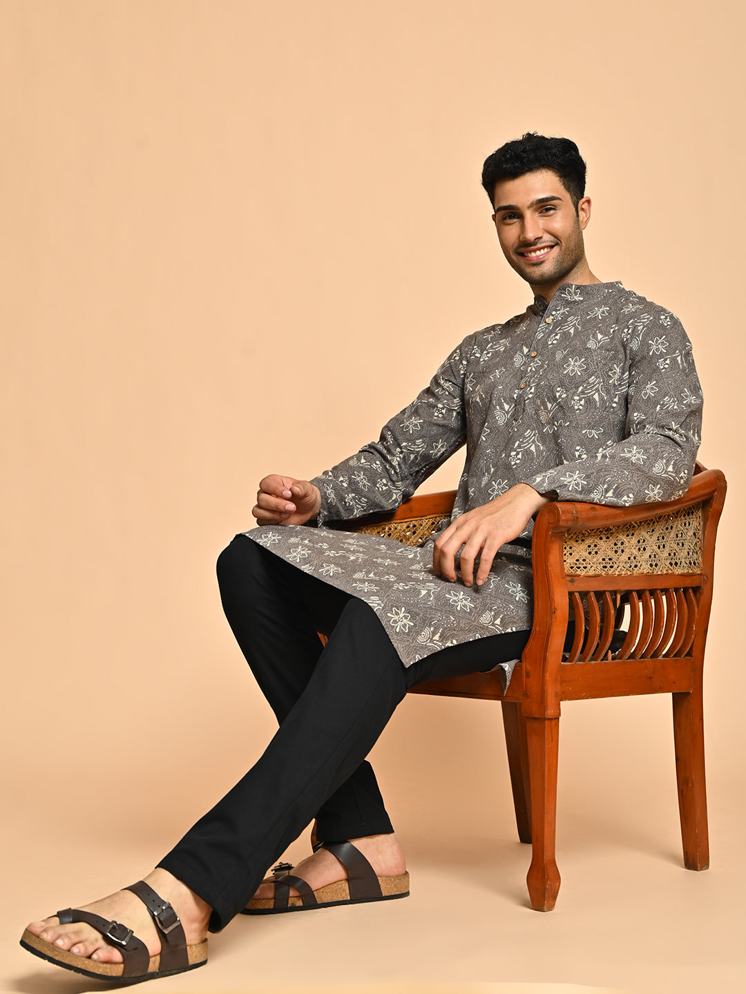 Brown Ethnic Block Printed Cotton Kurta