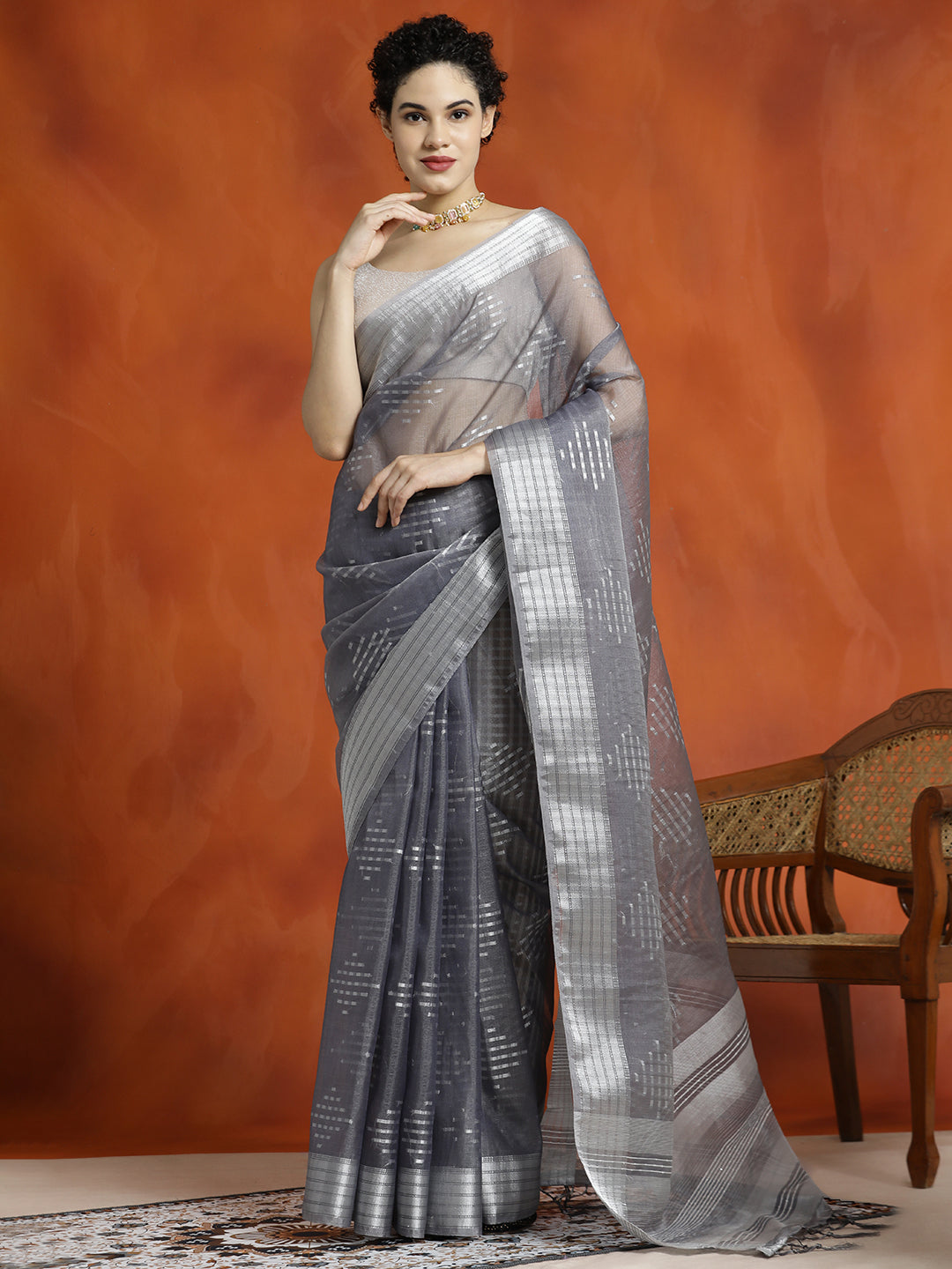 Grey Zari Woven Banarasi Organza Saree