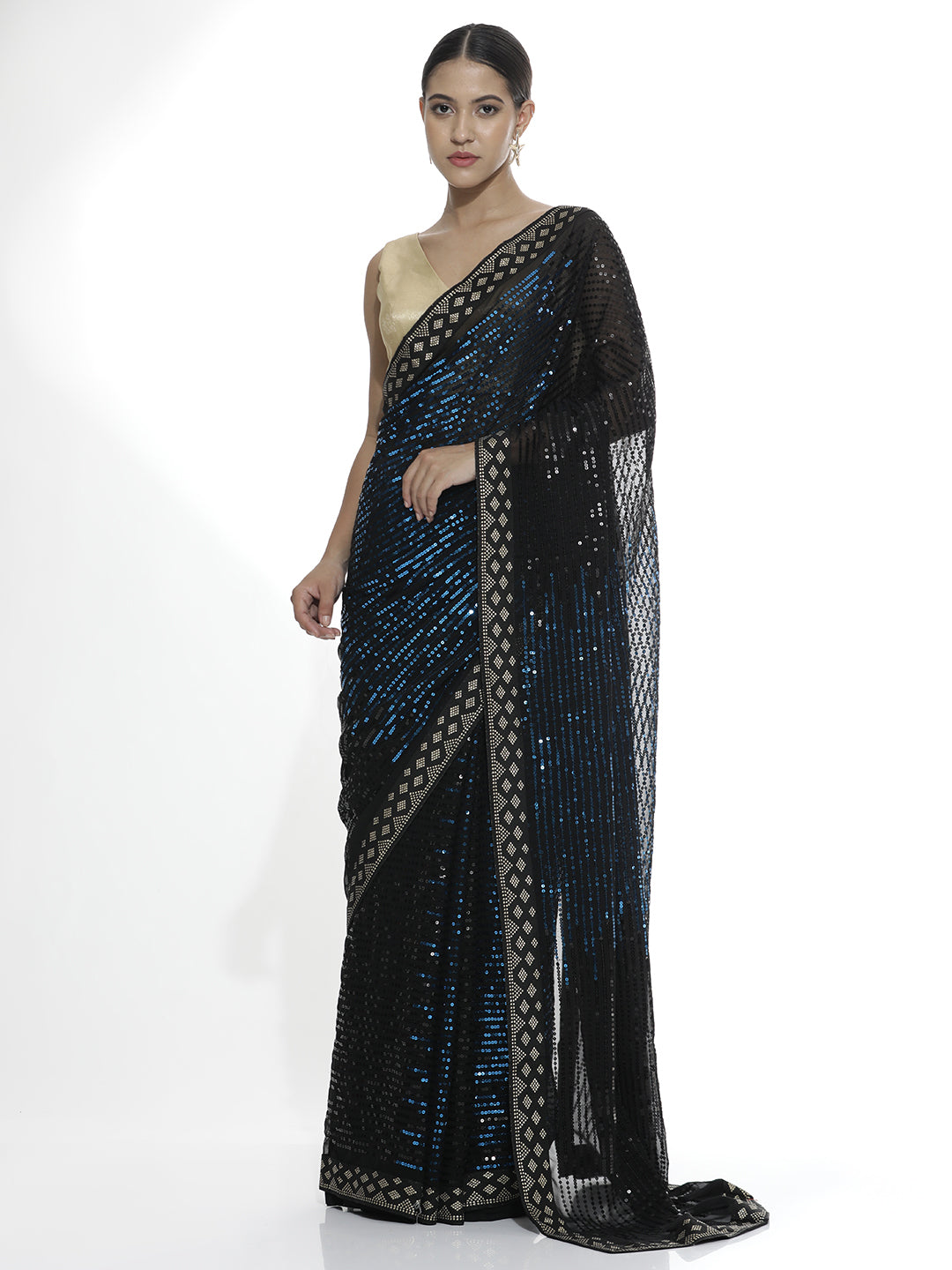 Pure Georgette Teal Sequin Party Wear Saree