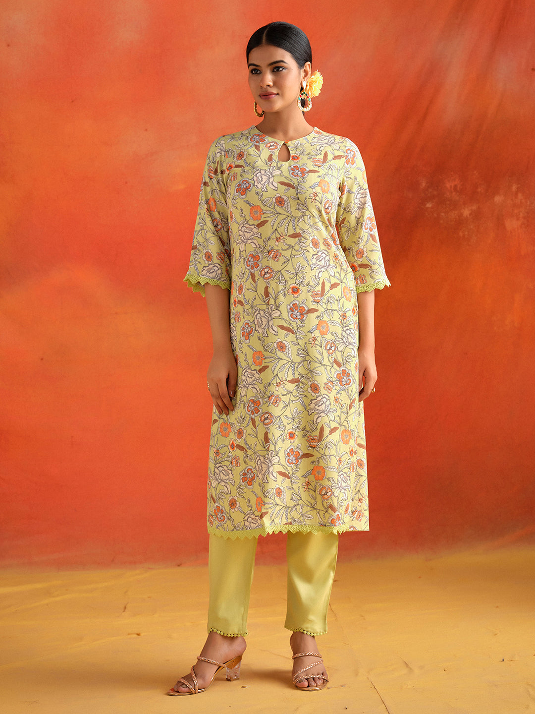 Lime Green Floral Printed Straight Kurta With Pants