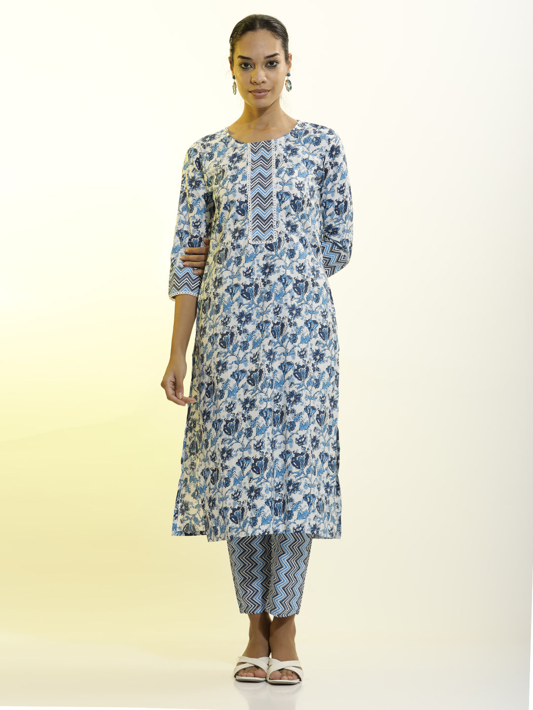 Floral Printed Cotton Blend Blue Kurta Set