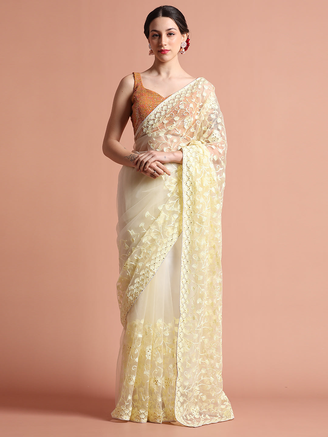 Party Wear Floral Cream Embroidered Net Saree