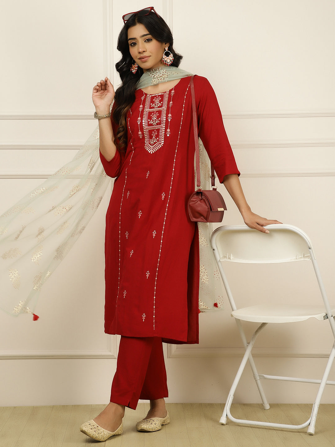 Maroon Embroidered Suit Set