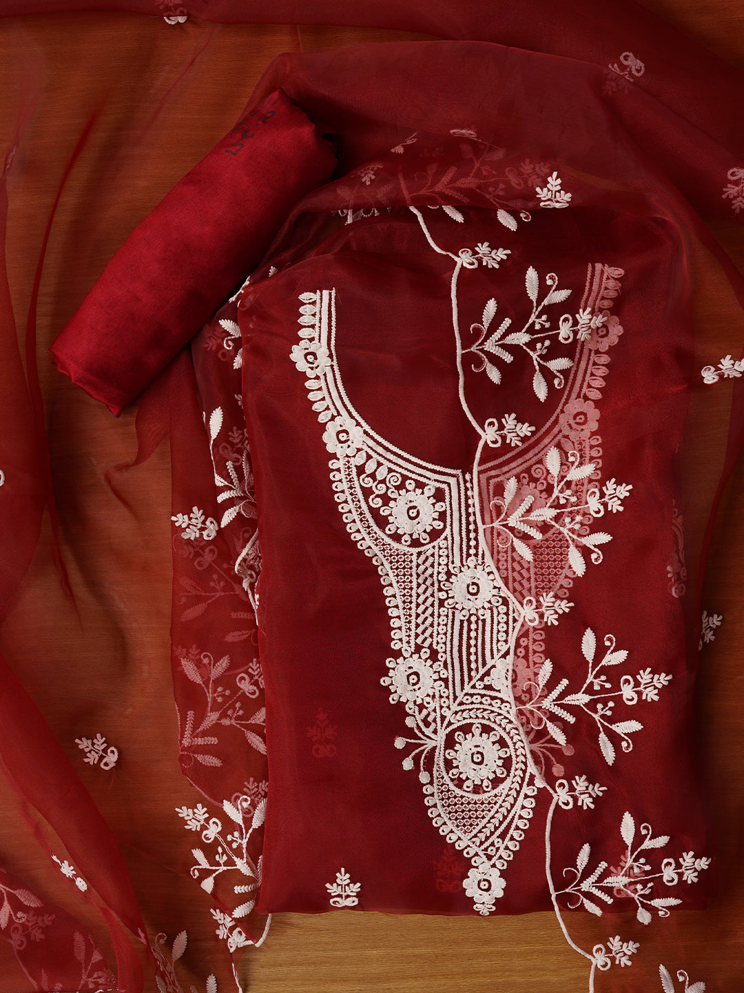 Red Embroidered Organza Dress Material with Dupatta