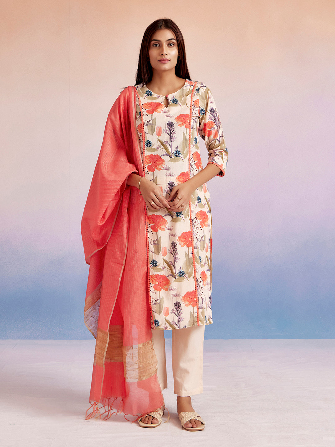 Coral Floral Cotton Straight Kurta Set With Dupatta