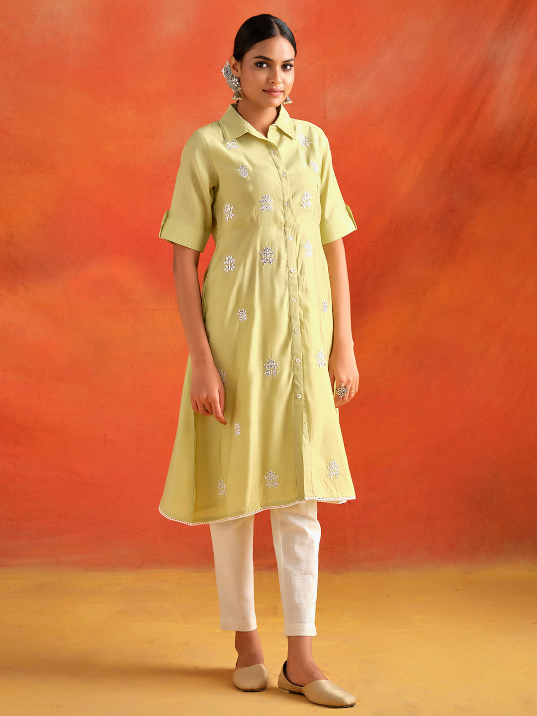 Lime Green Mirror Work Viscose Chanderi A-line Kurta