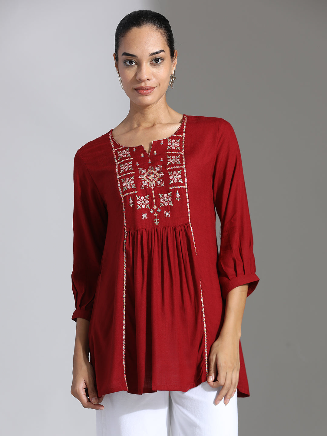 Maroon Embroidered Rayon Gathered Top