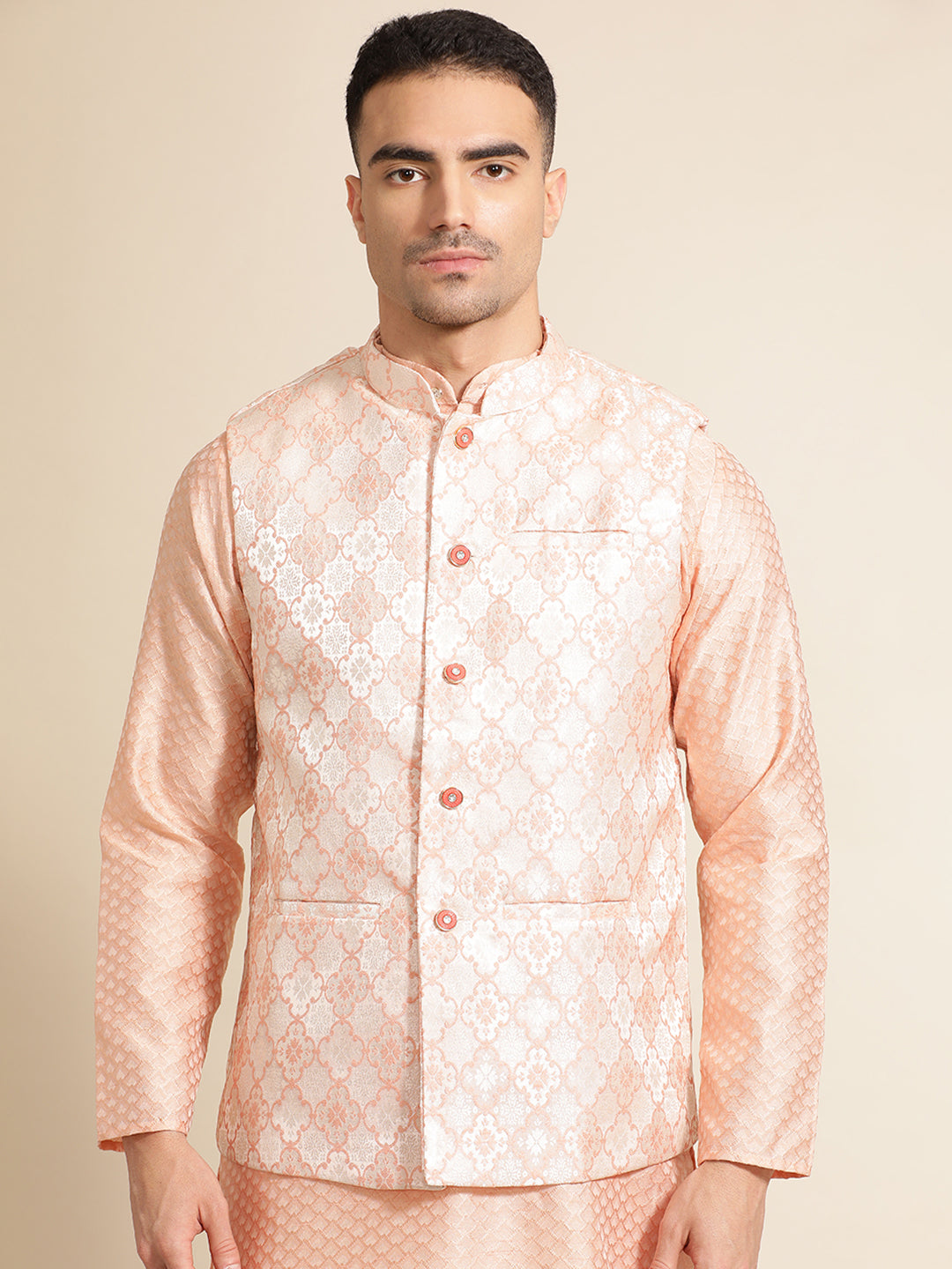 Peach Silk Blend Kurta With Woven Design Nehru Jacket Set